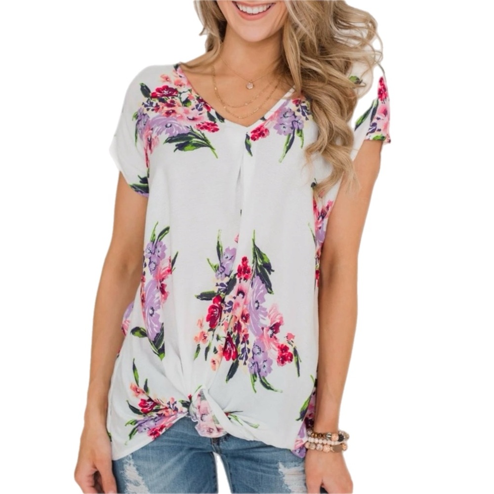 Ivory Floral Twist Front Short Sleeve‎ Top M